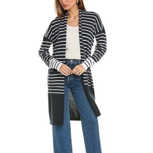 CAbi Boathouse duster cardigan sweater navy white stripe shawl collar new Small